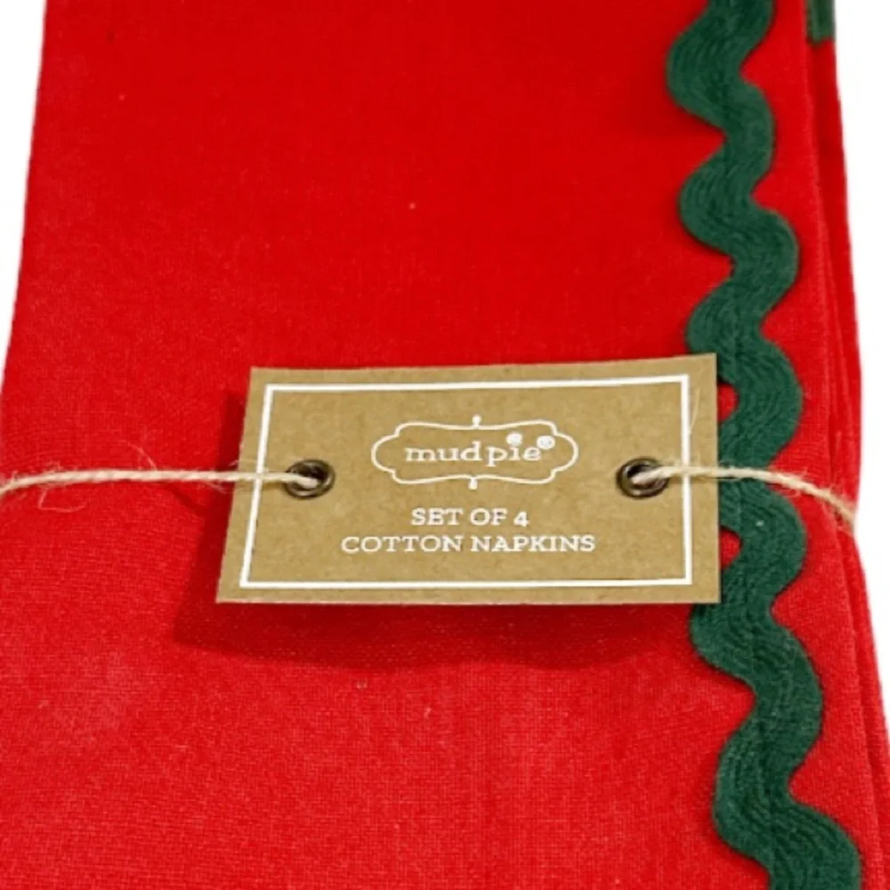 NEW Mud Pie Red RIC RAC NAPKIN Set/4